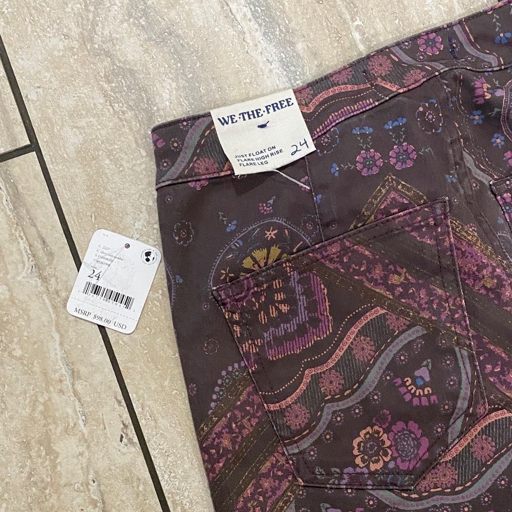 NWT Free People Just Float On Printed Flare Jeans Chocolate Combo We The Free - Picture 7 of 8
